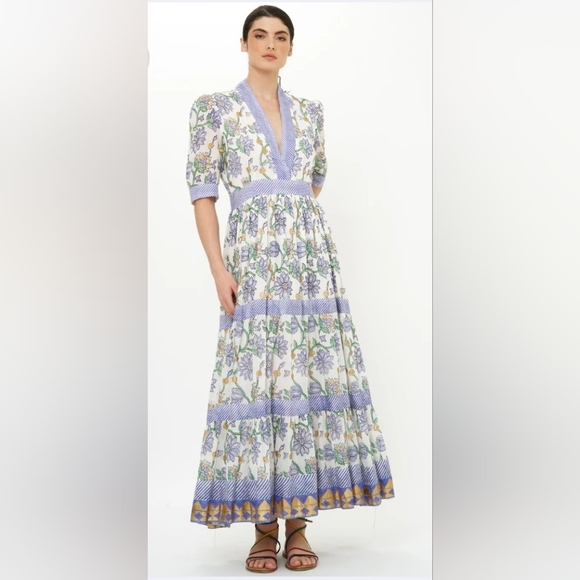 Oliphant Dresses & Skirts - Oliphant V-Neck Cuffed Maxi Dress Women's L Presidio Blue Print Floral